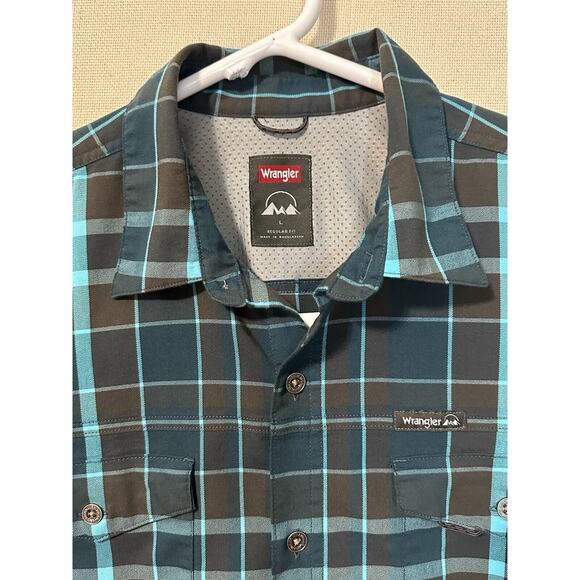 Wrangler Shirt Mens L Button Up Long Sleeve Regular Fit Blue/Brown Back Vented - Picture 4 of 11